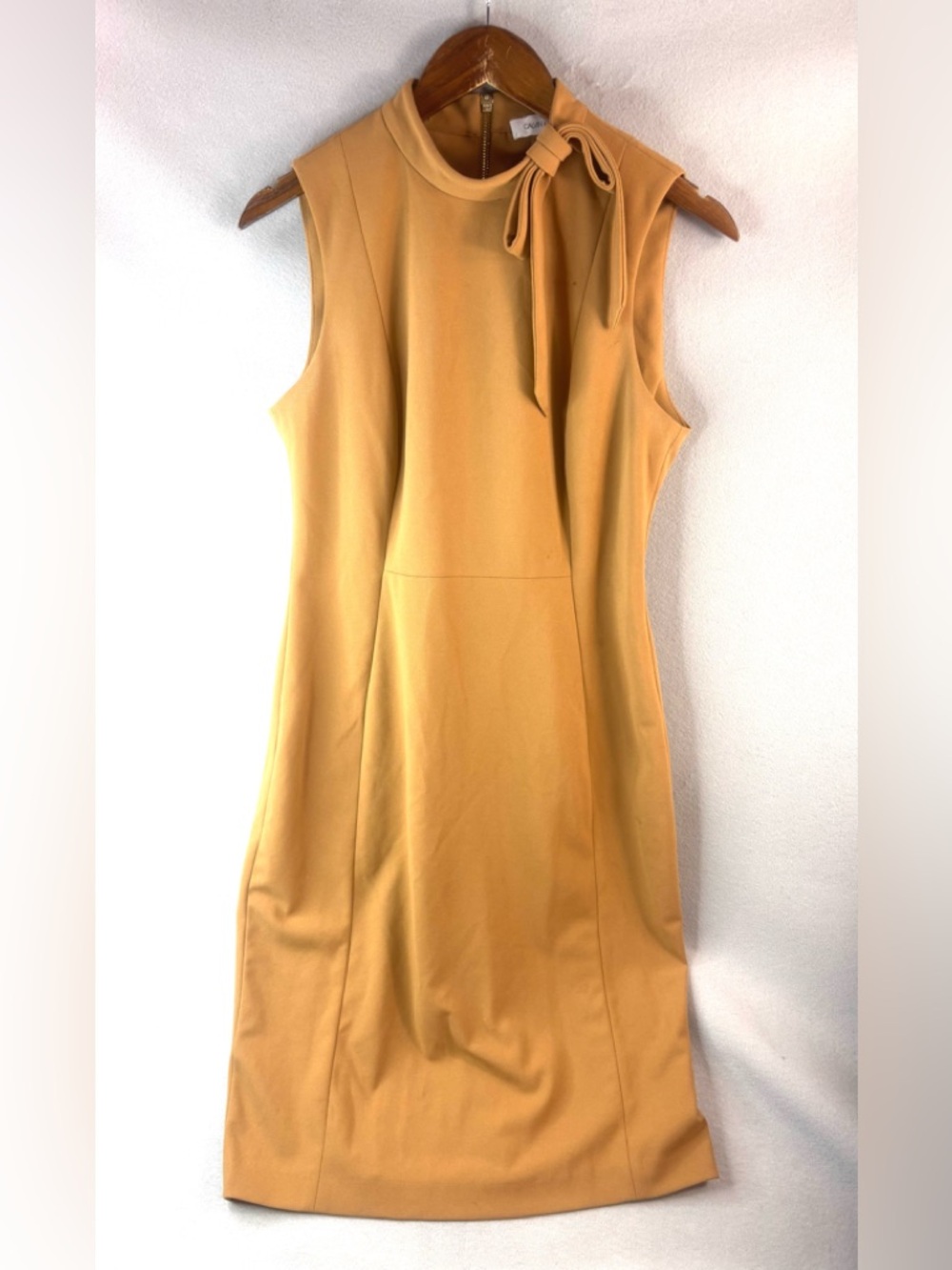 Calvin Klein 10 Workwear Fitted Sleeveless Mustard Yellow Tie-Neck Mini Dress